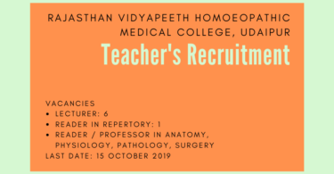 Rajasthan Vidyapeeth Homoeopathic Medical College Teacher's Recruitment, Udaipur