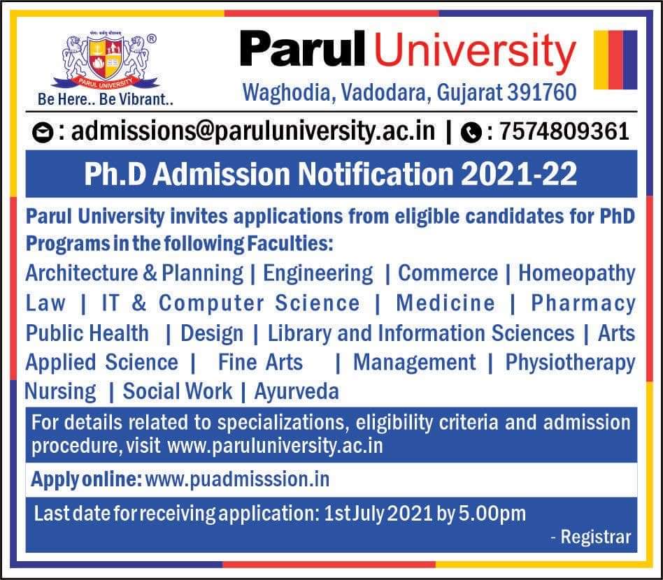 Parul University Phd Admission Notification 2021-22